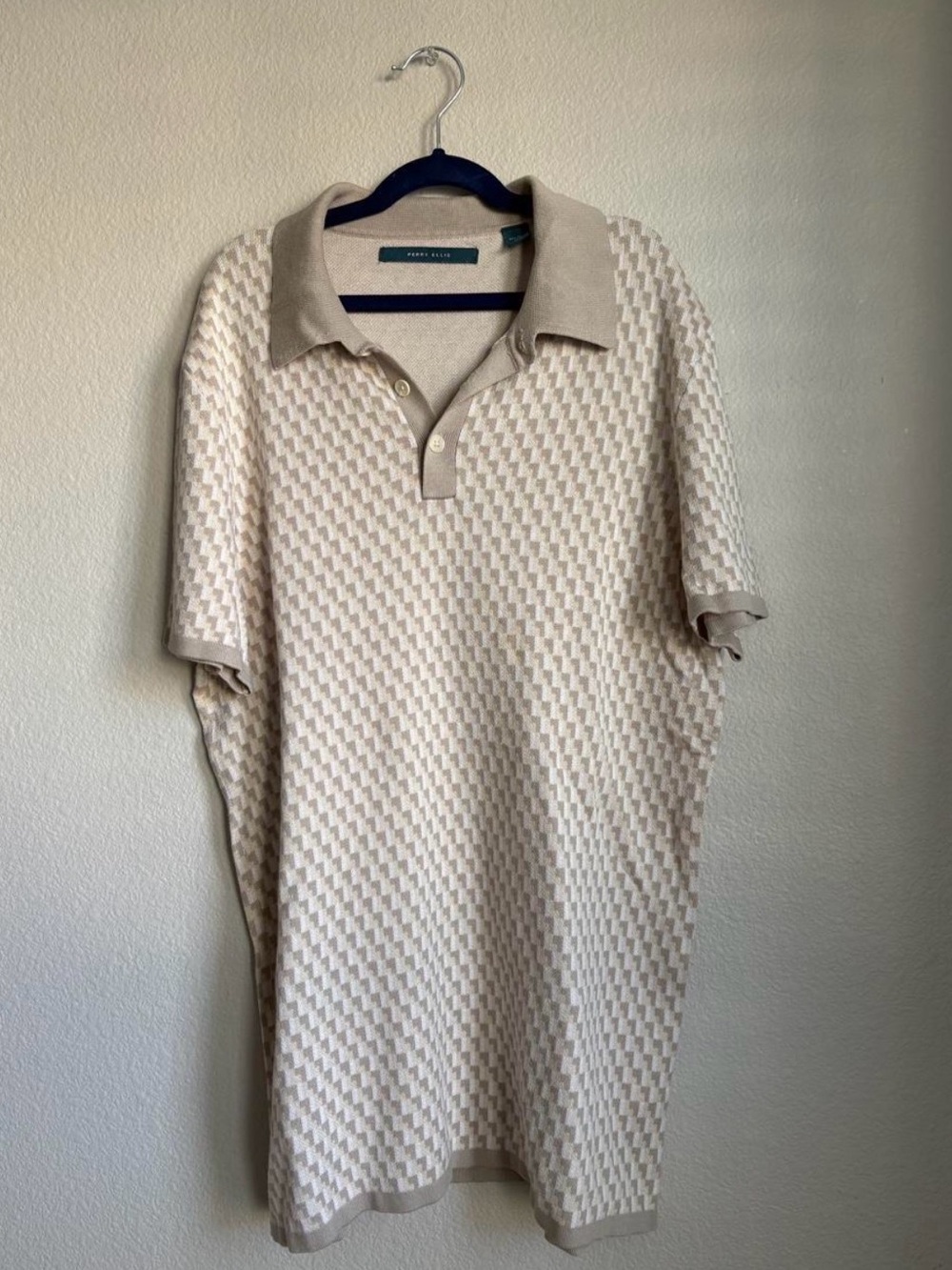 Perry Ellis Beige/Cream Textured Short-Sleeve Polo
